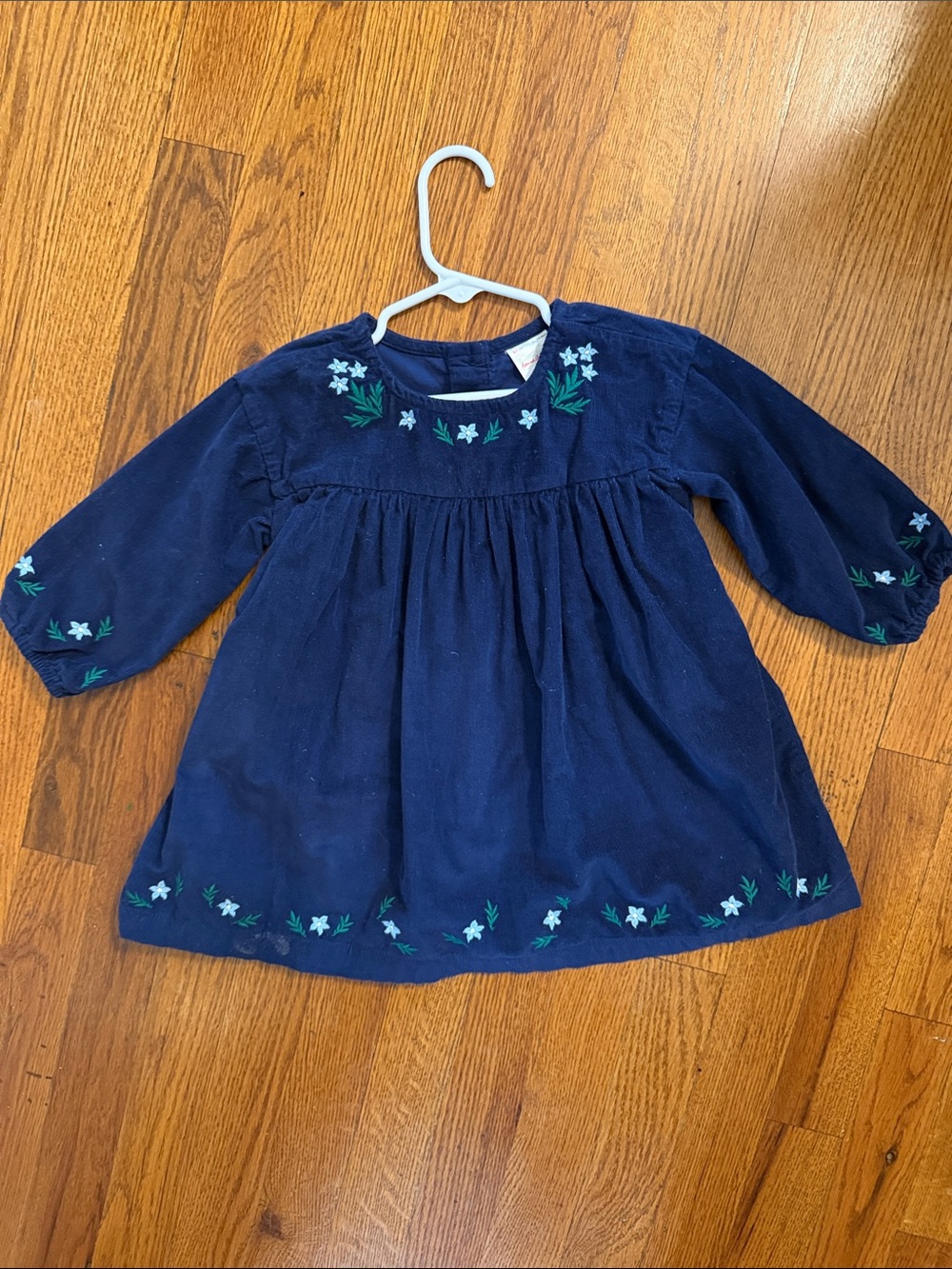 Hanna Andersson Corduroy Navy Blue Long Sleeve Embroidered Floral Dress